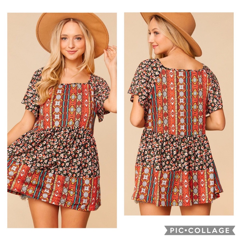 BLACK SPICE FLORAL BOHO PRINT BABYDOLL BLOUSE